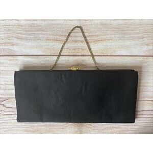Vintage After Five Black Satin 50s Clutch Purse Gold Chain Rhinestone Clasp